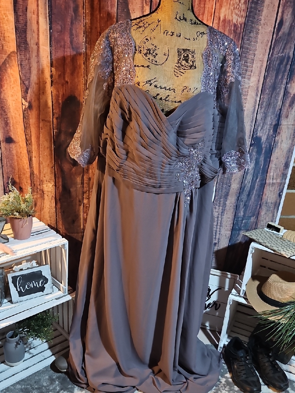 Elegant Taupe/Purplish Evening Dress with Beaded Bolero
